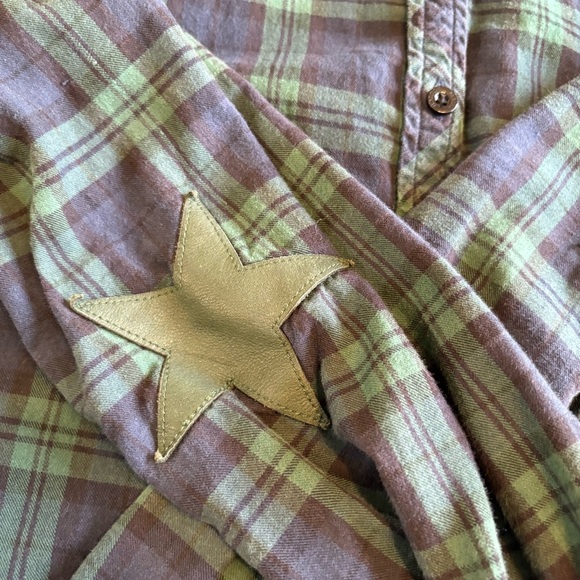 Maison Scotch & Soda Green Plaid Grid Shirt Dress Leather Stars Patch Button S - Picture 8 of 9